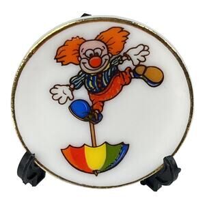 Miniature Clown Plate w/ Stand 1.25” Porcelain Umbrella Circus Clown Japan Mini